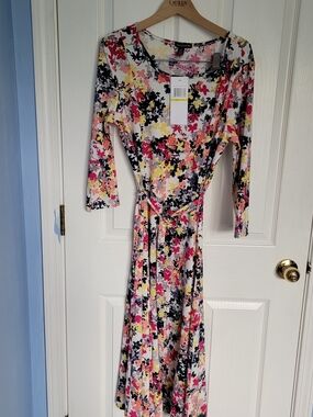 Marika Floral Midi Dress - White, Pink, Yellow, Black
